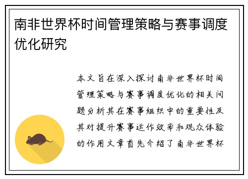 南非世界杯时间管理策略与赛事调度优化研究